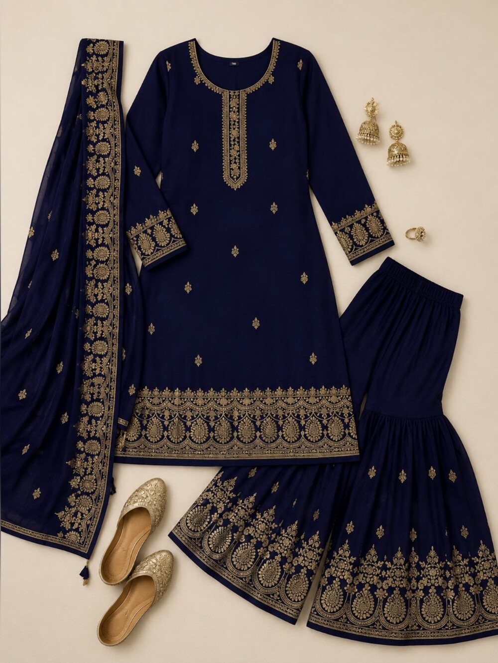 VivaahHouse Fabulous Navy Blue Embroidered Salwar Suit with Dupatta, Size Small